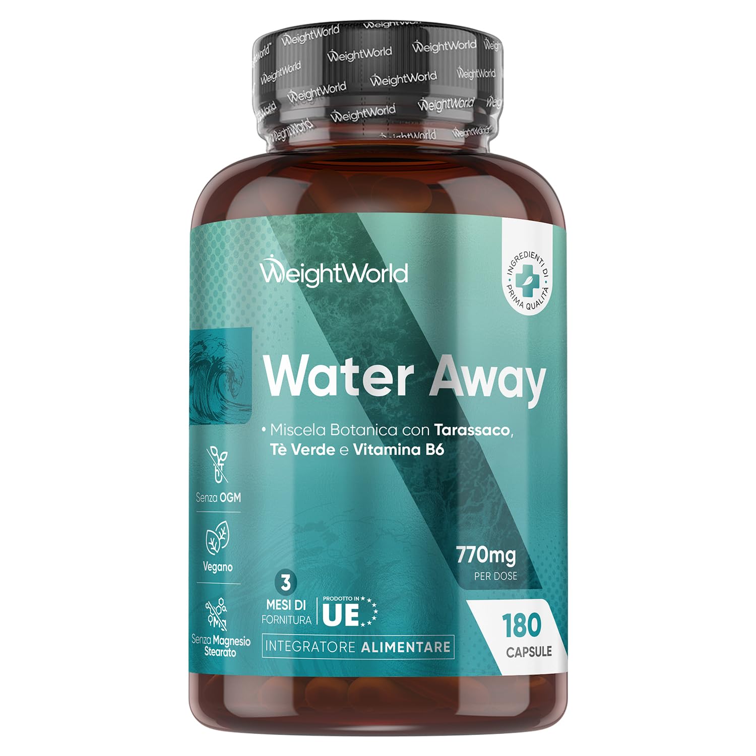 Water Away in 180 Capsule Vegane (3 Mesi di Fornitura), 770mg per Dose, Tarassaco Capsule con Te Verde, Vitamina B6, Mirtillo Rosso, Potassio e Bacche di Ginepro, Senza Magnesio Stearato né Glutine