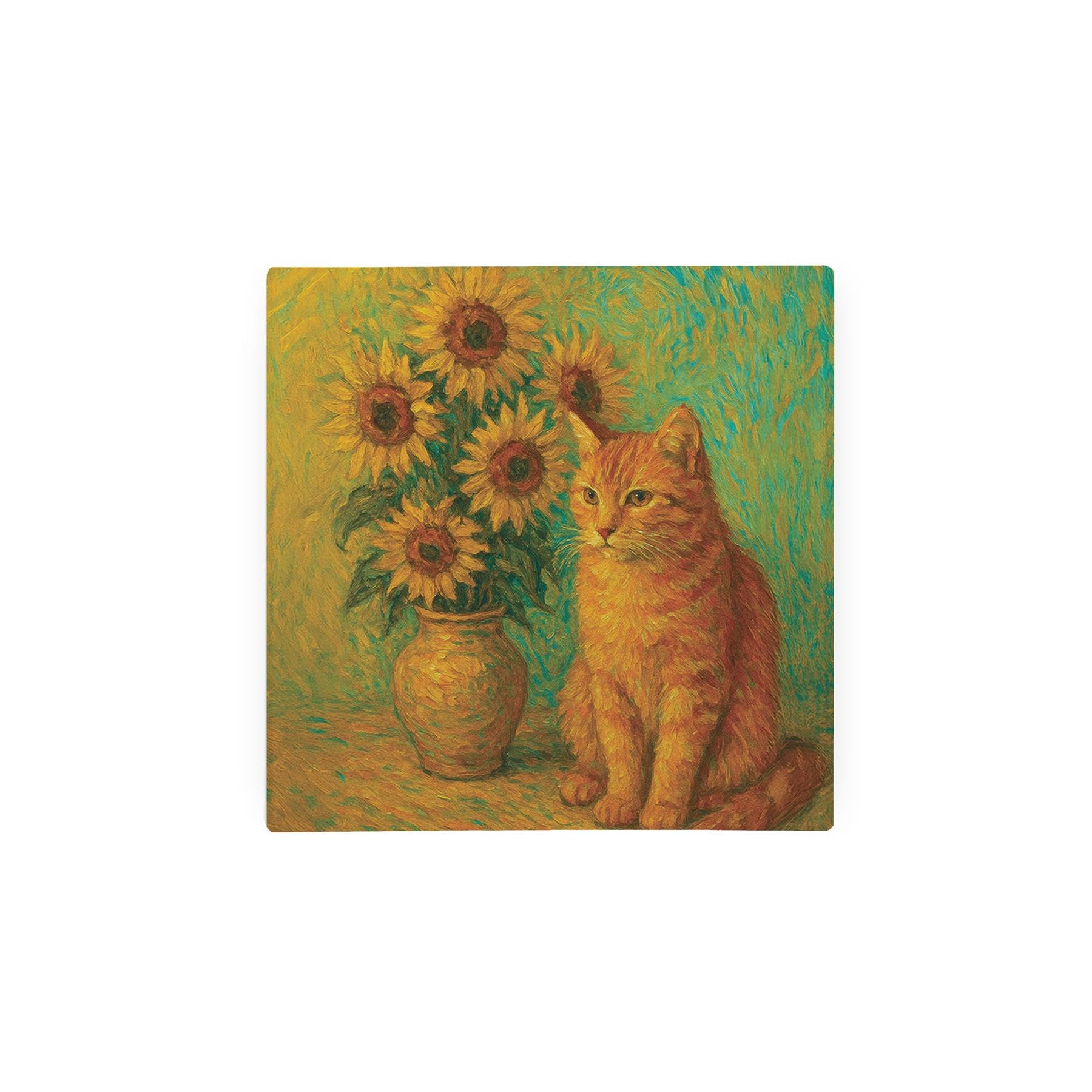Purely Home Van Gogh Sunflowers Cat Portrait Glass Hot Pot Stand - Artwork Inspired Gift Small Square Kitchen Trivet/Worktop Protector 20Cm X 20Cm (8" X 8")