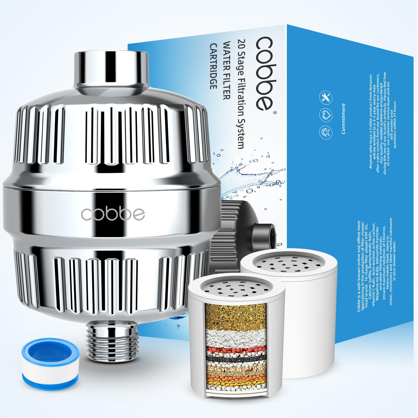 CobbeShower Filter for Hard Water Shower Head Filter - with 2 Replaceable Filter Cartridges - High Output Shower Water Filter for Removing Chlorine and Harmful Substance, Chrome