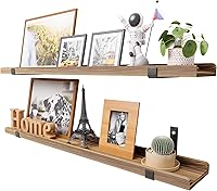 Vista 8 de Estantes flotantes de madera natural con labio, estantes de pared flotantes blancos de 40 pulgadas de largo con soporte de metal, juego de 2