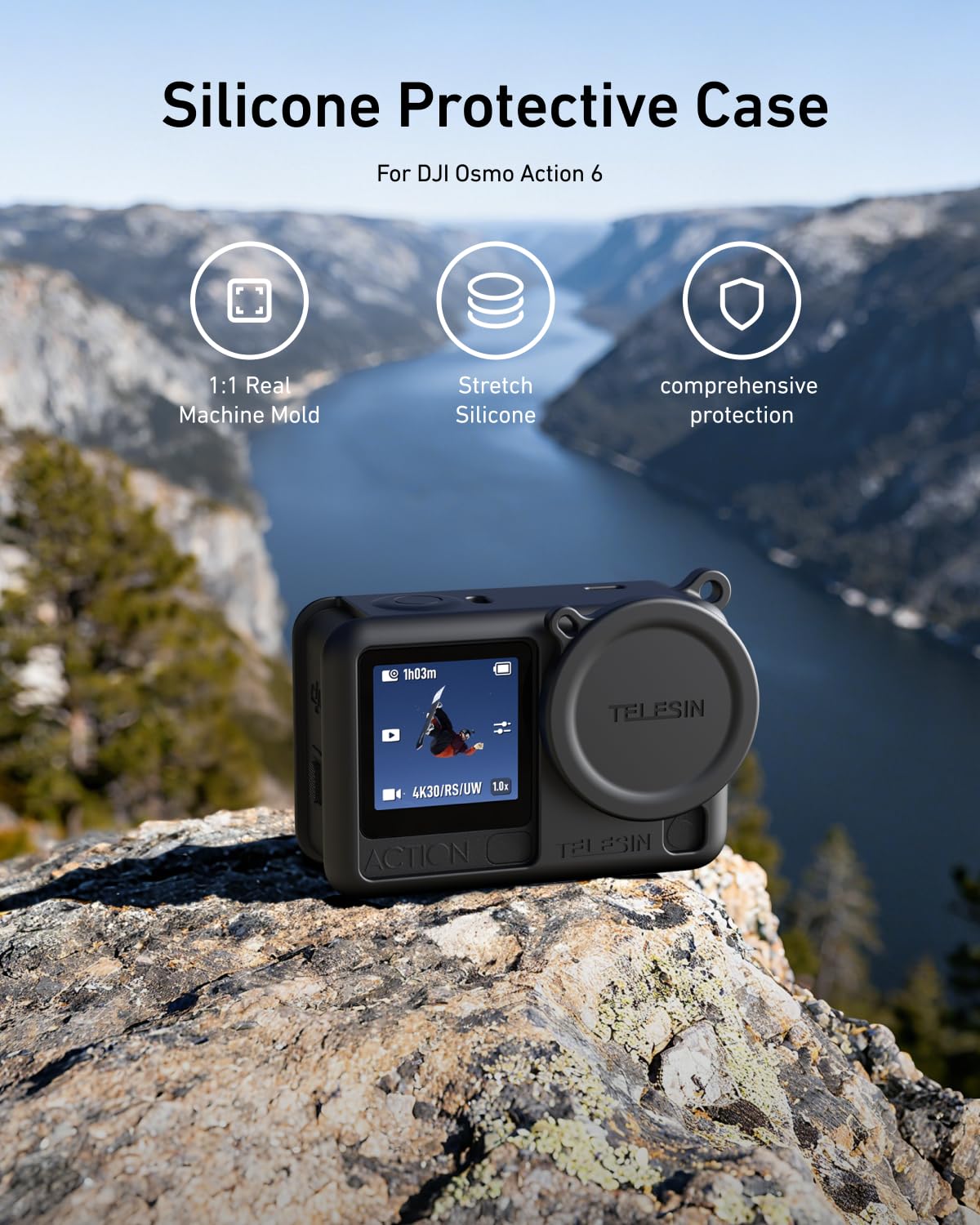 TELESIN Silicone Protective Case for DJI Osmo Action 6 with Lens Cap & Lanyard, Anti-Scratch Washable Cover Anti-Slip Dustproof Action Camera Protection for DJI Action 6 Accessories (Black) — Amazon image 2