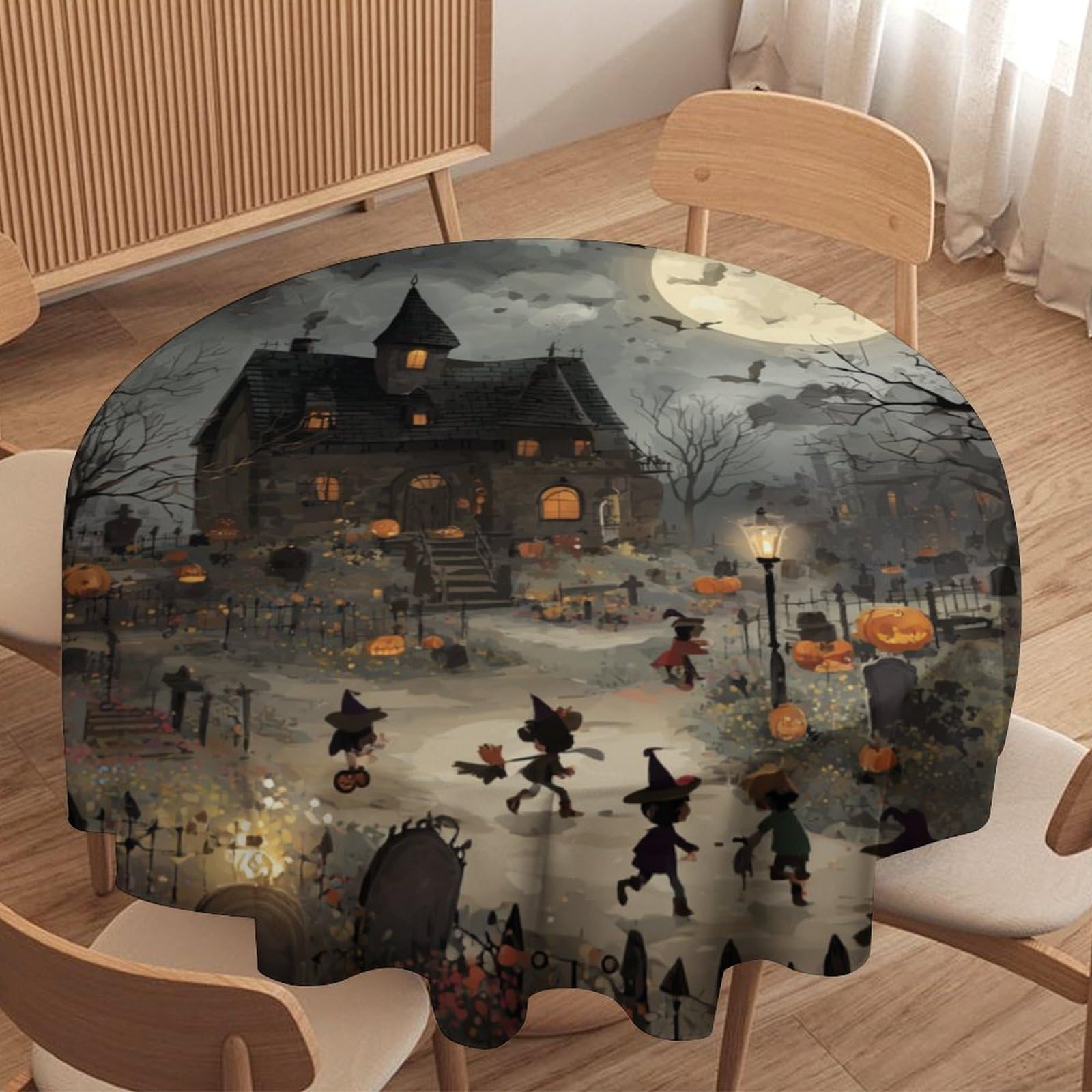 LUYYSKY Retro Abstract Cute Witches Waterproof Round Tablecloth Modern Beautiful Halloween Full Moon Castle Plant Pumpkin Pattern Washable Table Cover for Kitchen-177.8" Wx177.8 L cm