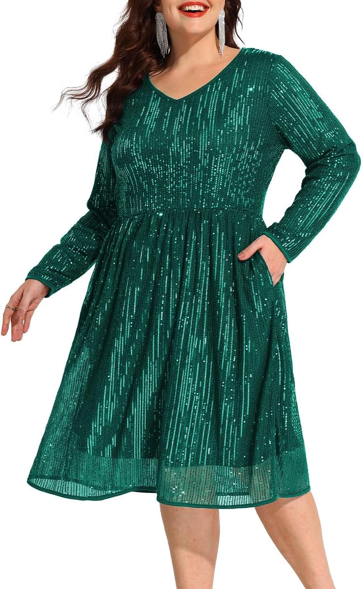 CARCOS Plus Size Sequin Dresses for Women V Neck Long Sleeve Party Dress Sparkle Club Dresses Evening Wedding Dresses XL-5XL