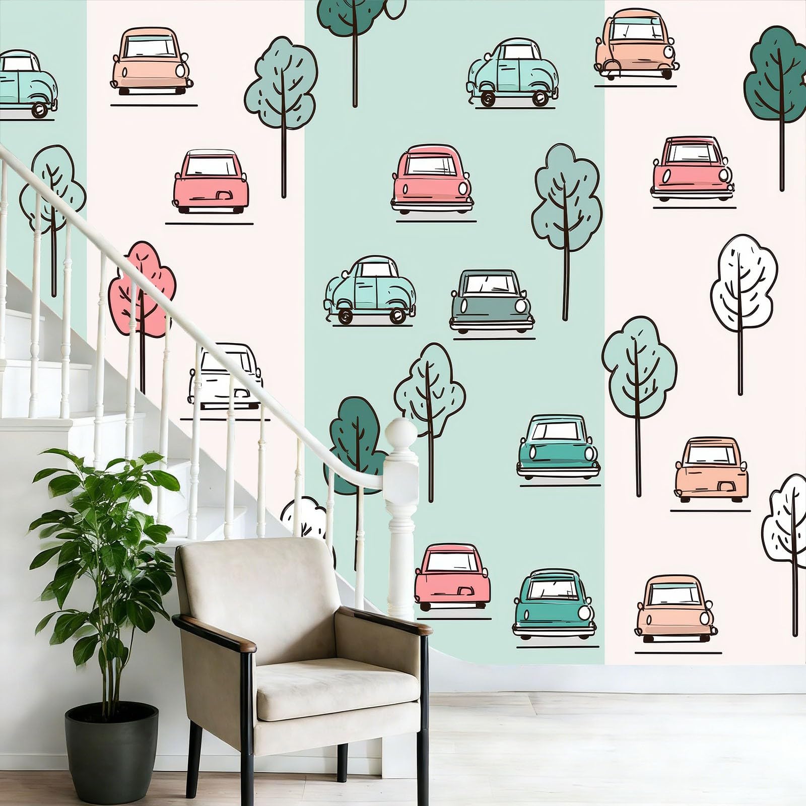 Fototapeta 300 x 210 cm ściany dekoracja salonu projekt kreskówka linie samochody drzewo do sypialni salon tapeta z włókniny, zielony