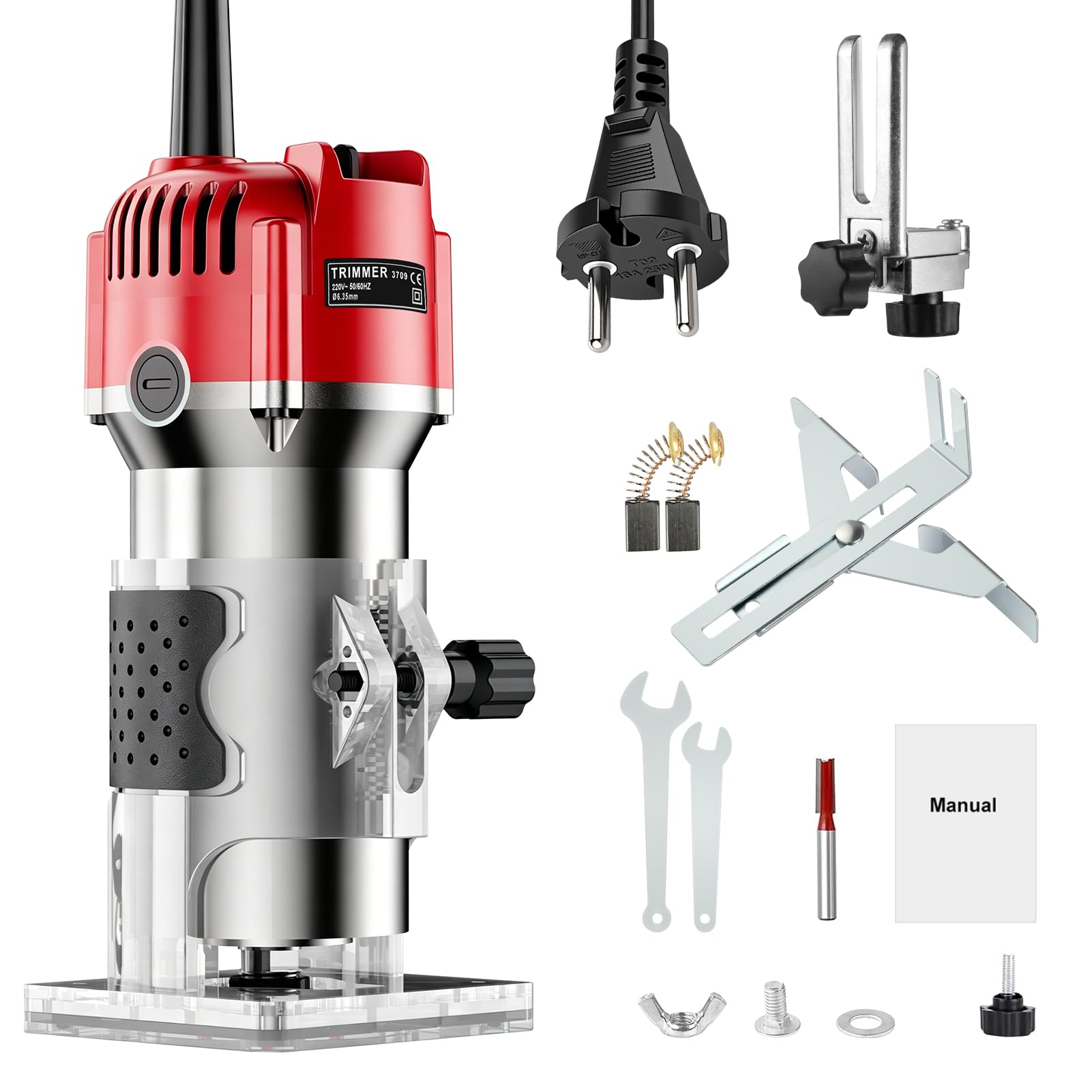Fresa Elettrica per Legno 800W, Fresatrice Manuale 30000 Giri/min con Guida a Rullo e Guida Lineare, Rifilatore per Legno con Pinza 6,35mm, Fresa per Scanalature Bordi Profili e Incisioni