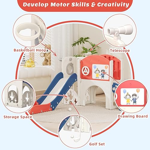 Miniatura 7 de 67i Tobogán infantil para interiores con tabla de dibujo, juego de golf, aro de baloncesto, parque infantil para niños de 1 a 3 años, pasos