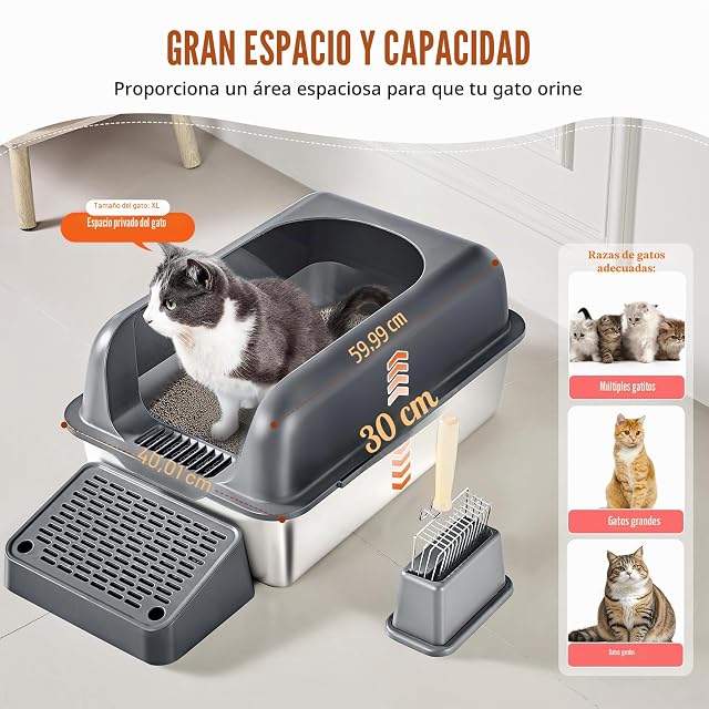 Foto 5 de 8 de VEVOR Caja de Arena para Gatos 60 x 40 x 30 cm Arenero Extragrande de Acero Inoxidable con Pala
