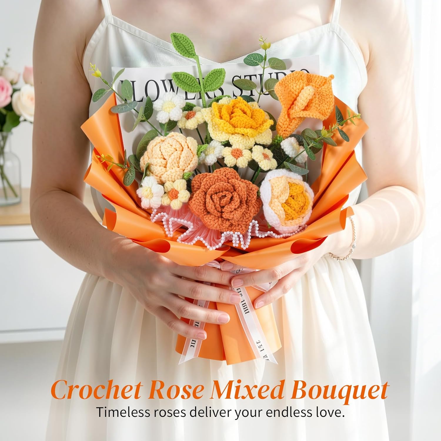Lewondr Crochet Flower Bouquet, Orange Handmade Knitted Flowers, Crochet Rose Calla Flower for Valentines Day Anniversary Birthday Mother's Day Graduation Gifts, Includes Gift Bag and Greeting Card