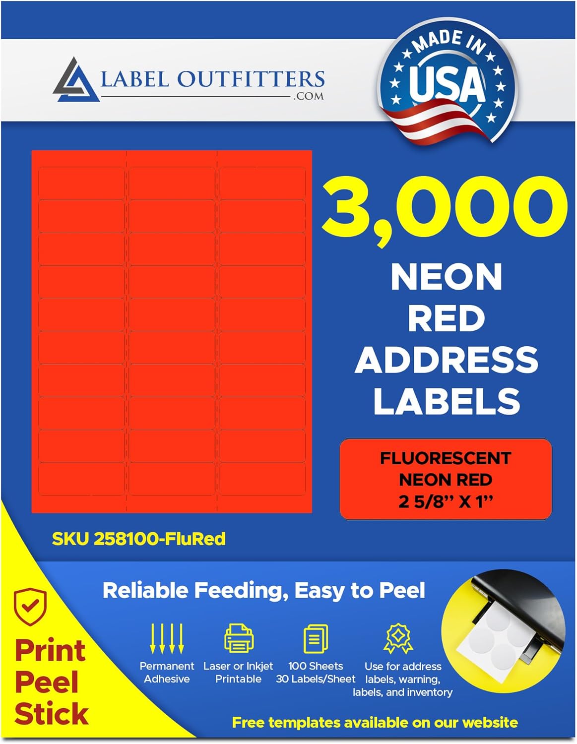 3,000 Label Outfitters 1” x 2 5/8” Fluorescent Neon Red Address Labels Printer Labels – 100 Sheets