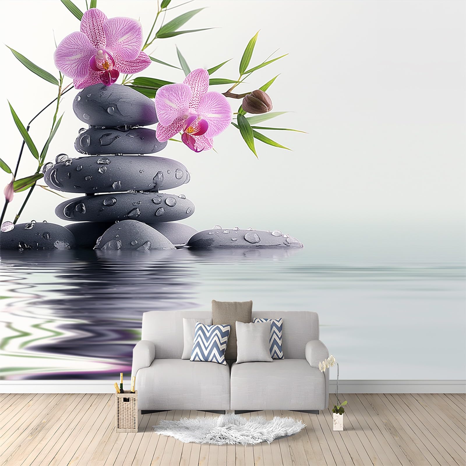 Gray Stone Plants and Orchids Theme Photo Wallpaper - 400 x 280 cm Non-Woven Premium Fleece Wall Mural - Modern Art Print Bedroom Living Room Decoration Poster