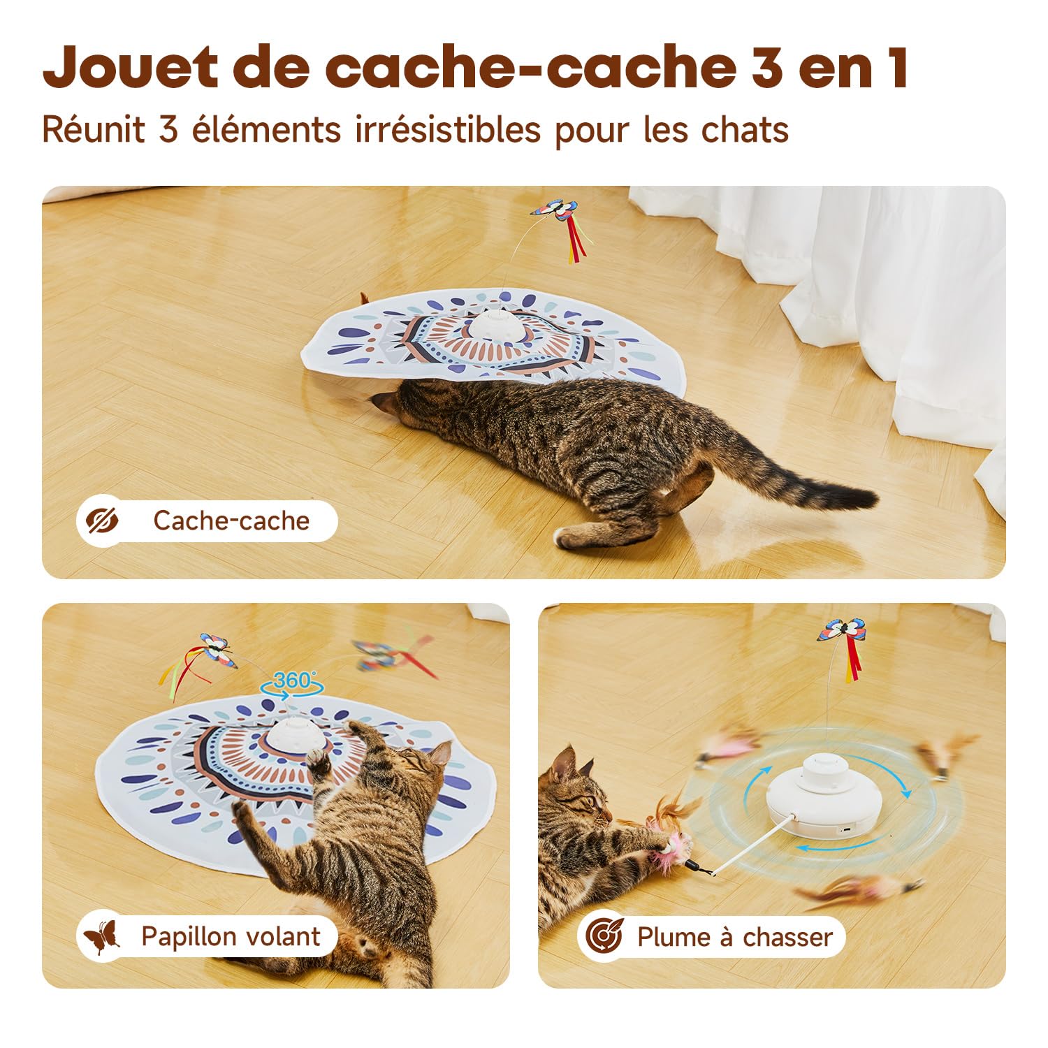 Potaroma Jouet Chat interactif Rechargeable – Jeu Automatique 3 en 1 pour Chatons et Chats d’intérieur avec Papillon Flottant, Baguette à Plumes et Housse