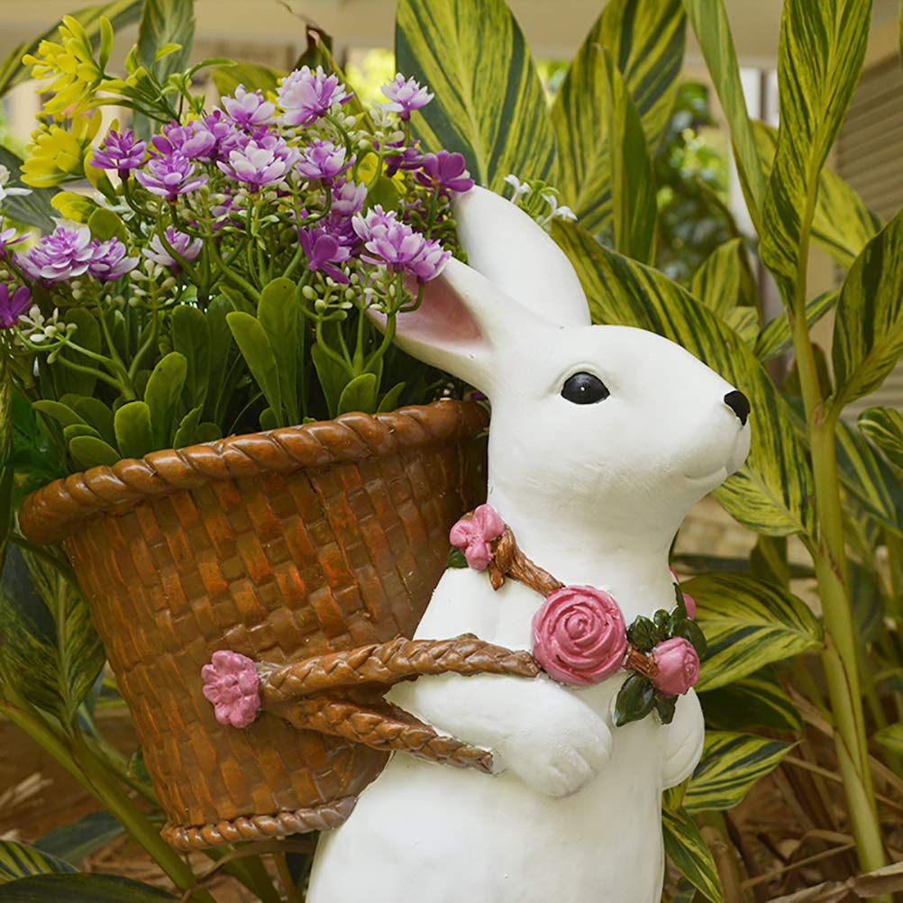 Ornamenti da Giardino Vaso da Fiori Decorativo per Coniglio per Decorazioni da Giardino per Esterni Materiale Resina 30 * 29 Cm (Bianco)