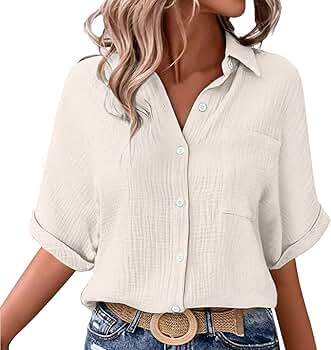 Women Casual Gauze Tops Cotton Linen Elbow Sleeve Shirt V