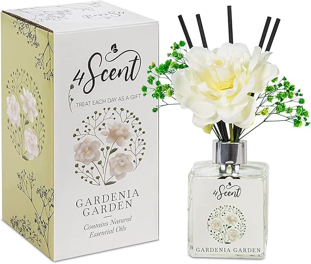 4SCENT Reed Diffuser Set 6.7 fl oz with Preserved Gypsophila (Baby's Breath) and Artificial Gardenia for Home Fragrance and Decor | Aromatherapy with Essential Oil and Rattan Sticks | Gardenia Garden
