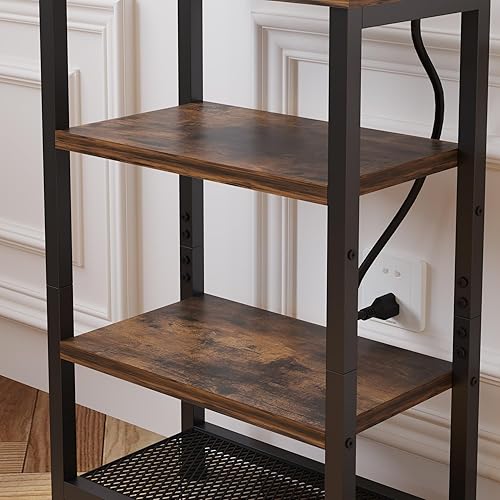 Miniatura 7 de Mesita de noche estrecha con estantes de 4 niveles, mesa auxiliar pequeña con estación de carga, mesita de noche delgada con estantería, mesa