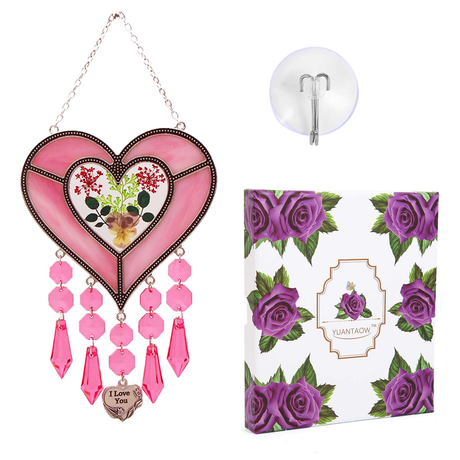 Heart-Shaped Suncatcher Creative Design Real Flower Inlaid Pink Stained Glass Room Handmade Window Gifts, Teachers Family Friends Thanksgiving Christmas Valentine Birthday Beautiful Gifts