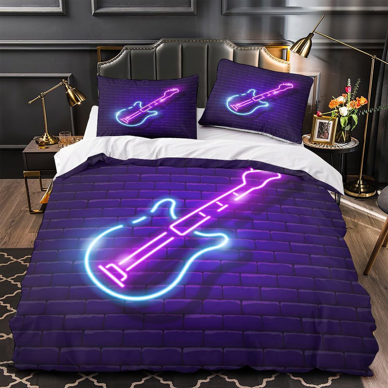 LIAOHENKAN Guitar Neon School Music Full Size Duvet Cover Set for Teens Adults 3Pcs Ultra Soft Bedding with Zipper Closure Comforter Set Breathable Quilt Set for All Ages Super King（260x220cm）