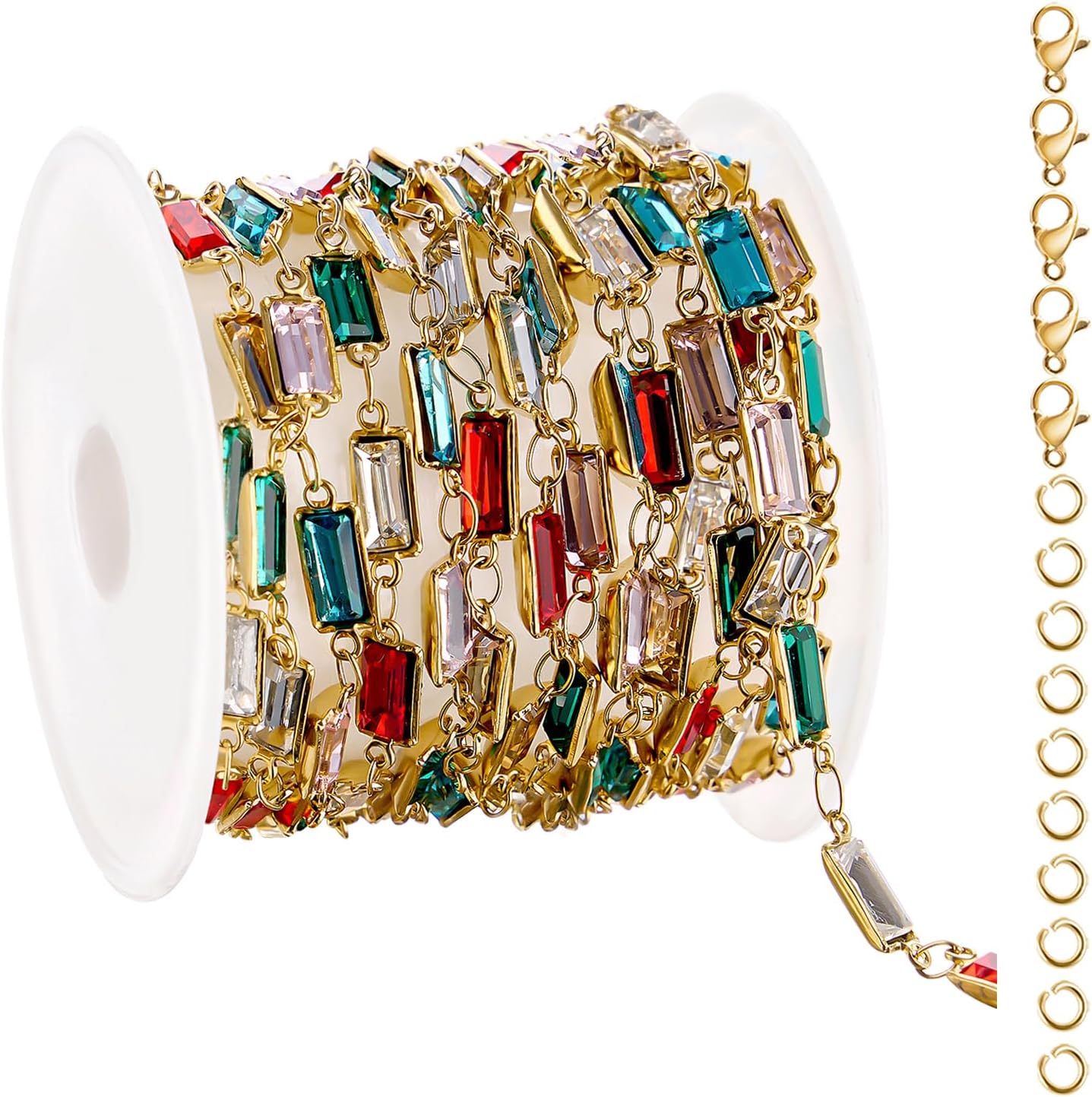 UMAOKANG 2 Meters Gold Plated Jewelry Making Chains Colorful Rhinestone Chain for Jewelry Making Stainless Steel Chain Roll