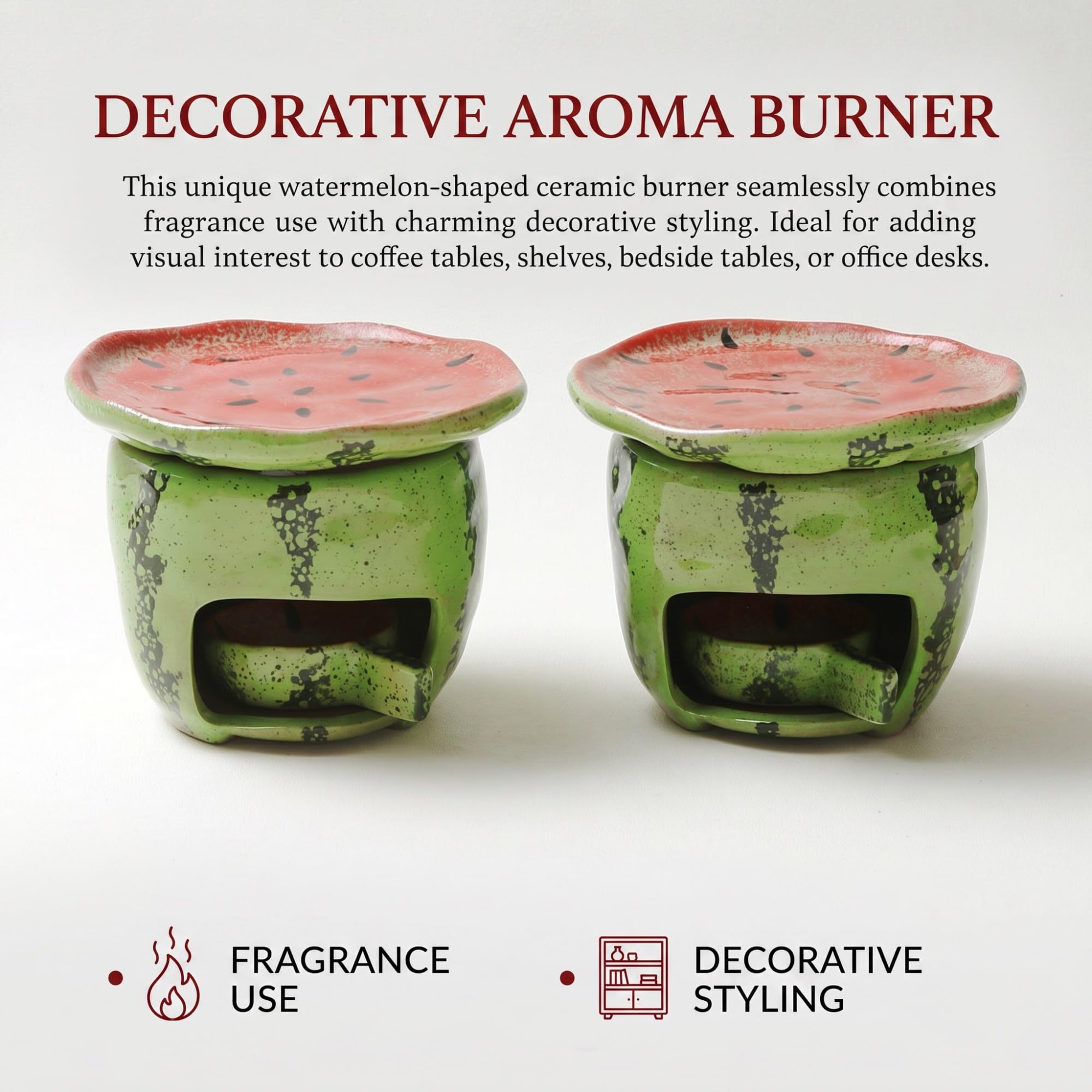 Keramik-Duftlampe im Wassermelonen-Design für Teelichter | Keramik, Teelicht-Betrieb, für Kaffeebohnen, Teeblätter, Duftwachs (Wax Melts), Wassermelonen-Optik, Wohnaccessoire