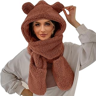 Luckywaqng Gorro cálido para mujer de invierno lindo gorro cálido para mujer, sombrero de felpa, gorro a prueba de viento, gorro con orejas y capucha, bufanda 2 en 1 para mujer, bufanda con capucha