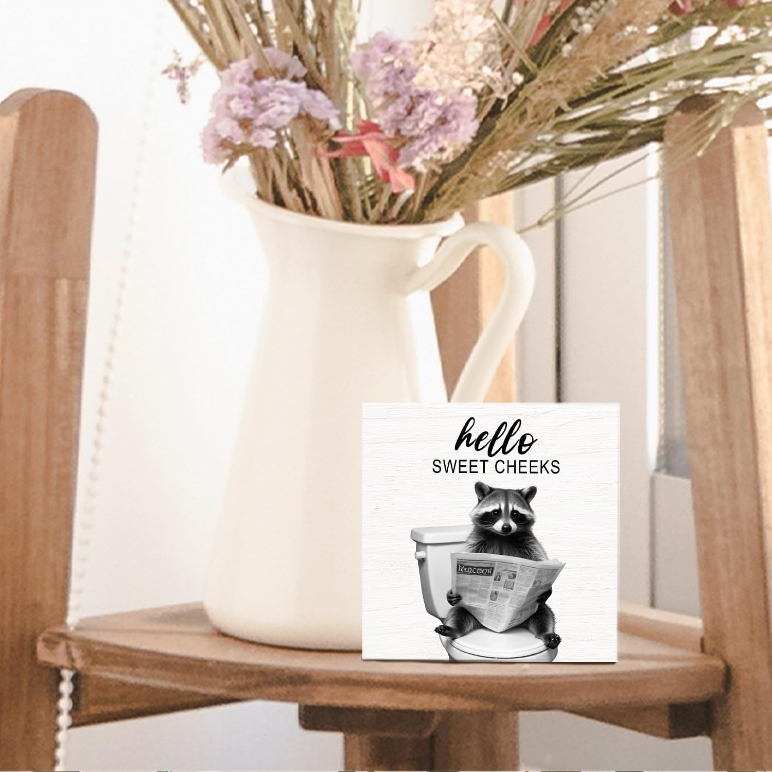 Funny Raccoon Bathroom Decor - Hello Sweet Cheeks Raccoon Decor, Funny Farmhouse Wooden Sign, Raccoon Gifts, 5 X 5 Inches image 5
