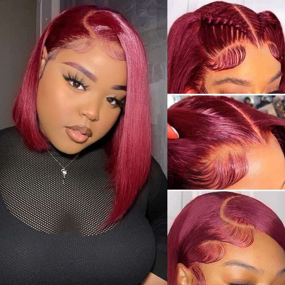 Amazon.com : Superfect Burgundy Bob Wig Human Hair 99J 13x4  display picture 2