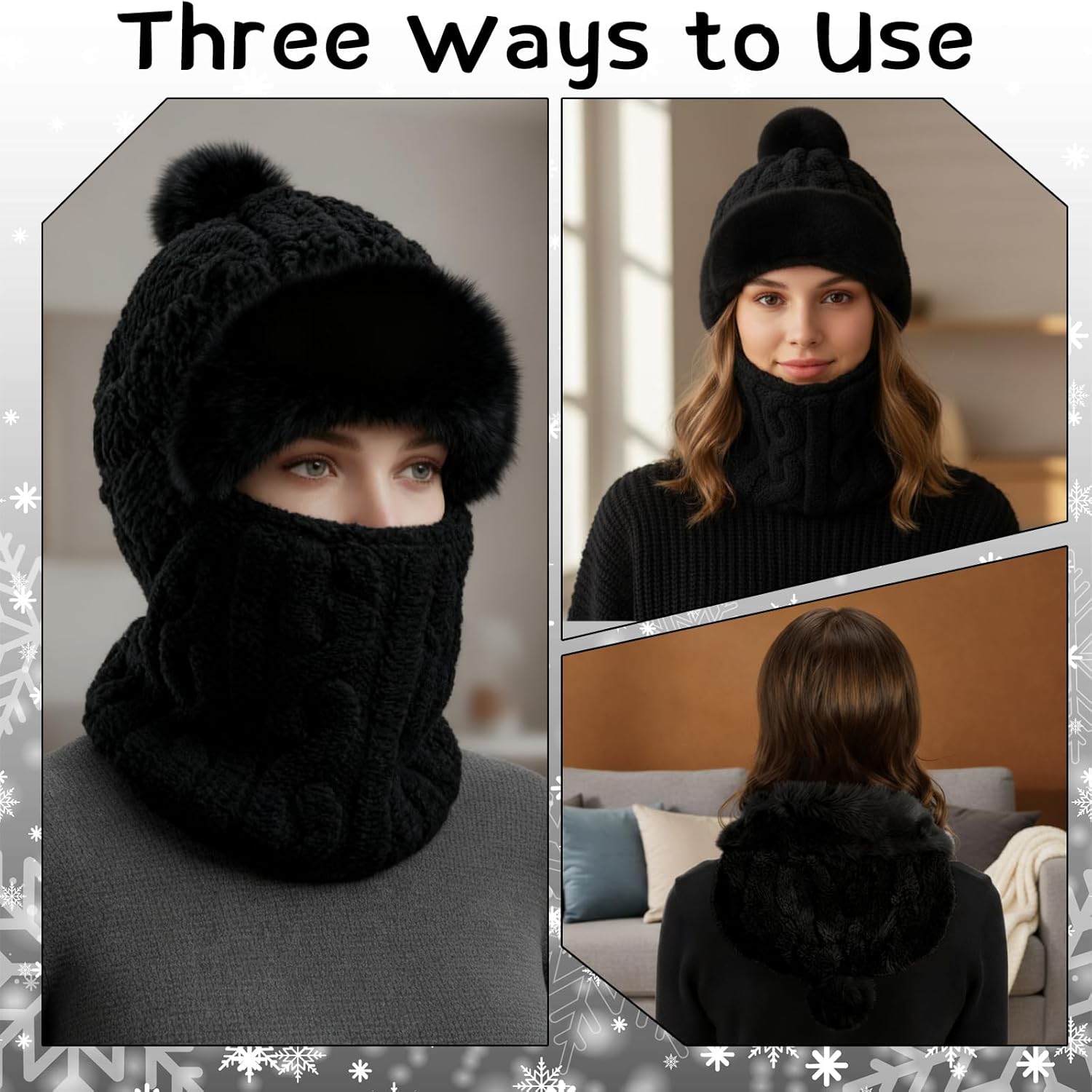 4 Pcs Women 3 in 1 Winter Knit Beanie Hat Scarf Circle Knit Mask Soft Lined Snow Caps Plush Earmuff Hat with Pompom - Image 3