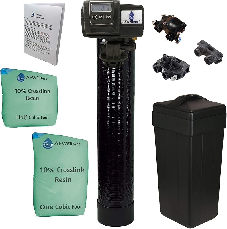 AFWFilters Fleck 5600 SXT Suavizador de agua digital con 10% de resina reticulada | Sistema completo: grano 48K, control medido a pedido, resistente al cloro, tanque de salmuera y derivación incluidos, listo para toda la casa