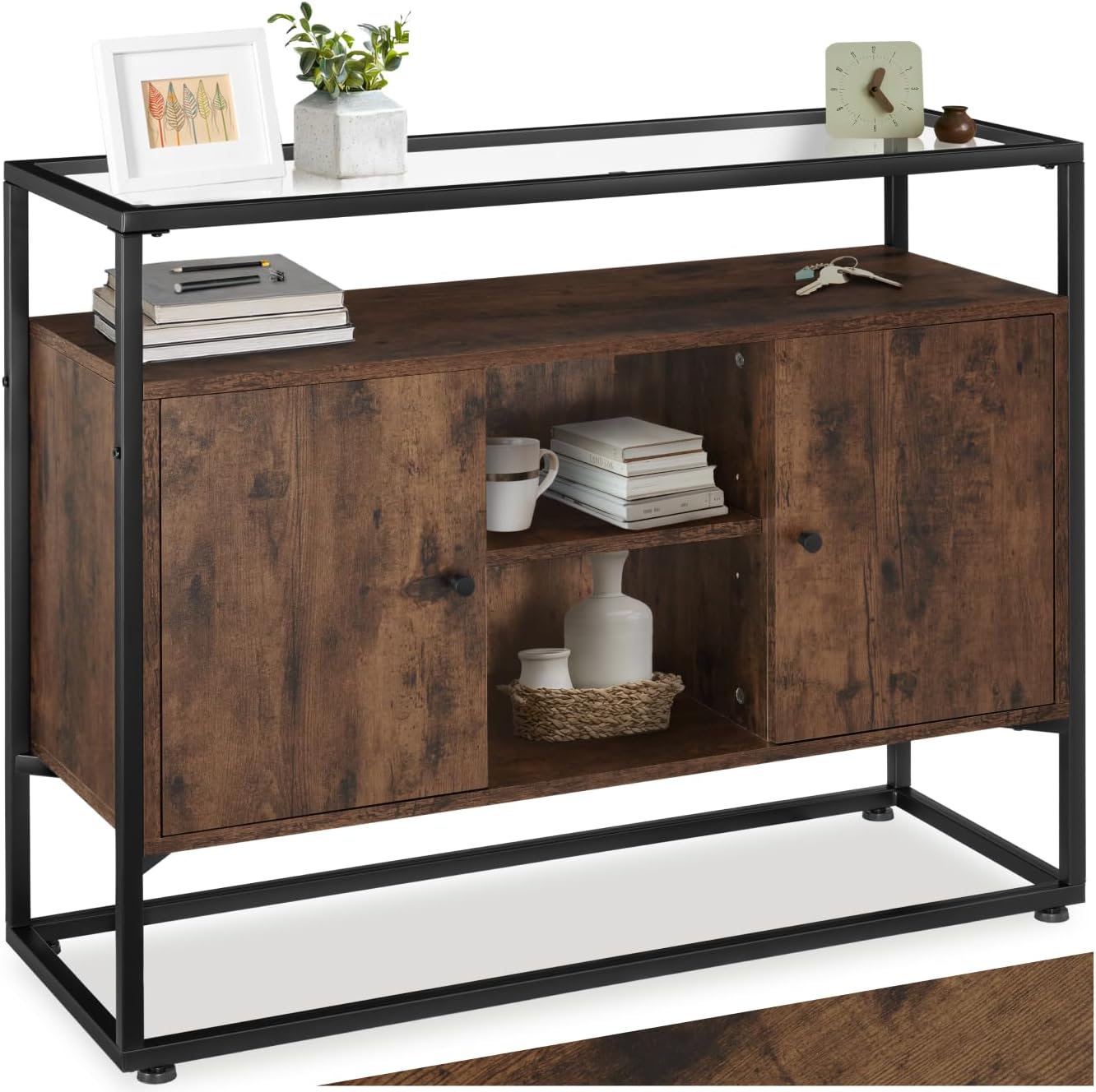 tectake® Credenza Cucina Versatile 100x38x80,5cm, Credenza Soggiorno con Mensole Regolabili, Lastra Removibile in Vetro e 2 Porte Magnetiche, Salotto, Ufficio, Casa e Cucina - Legno Industriale Scuro
