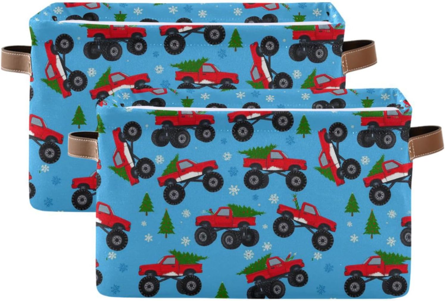 Pfrewn クリスマスウィンターストレージバスケット モンスタートラック車 クリスマスツリー付き ブルー 折りたたみ可能 長方形収