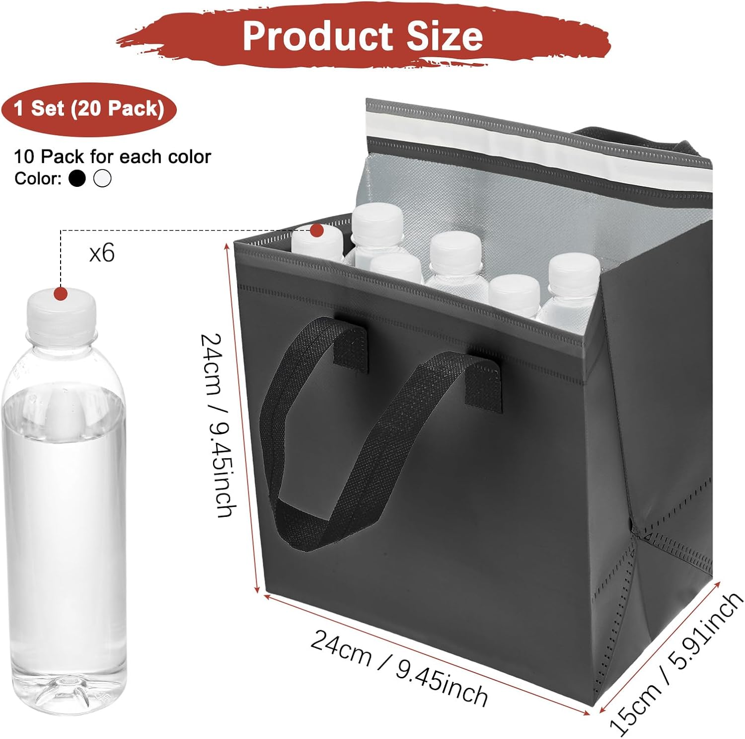 Insulated Take Away Bags [20PCS] - Bulk Thermal Insulation Food Insulation Cooler Use for Hot Cold Food Frozen Deliver & Fresh Store Grocery Bags - [Black & White-9.4IN]