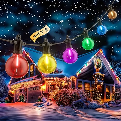 Guirnalda de luces de Navidad para exteriores de 50 pies, luces de patio de colores, luz colgante regulable inastillable con 25 bombillas LED G40,