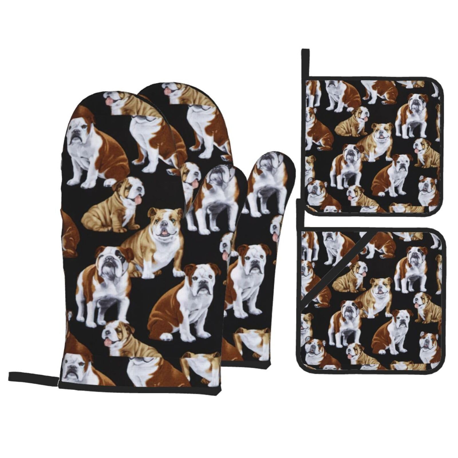 English Bulldogs Print Kitchen Oven Mitts And Pot Holders Set,Hanging Loop Design For Cooking Baking Bbq