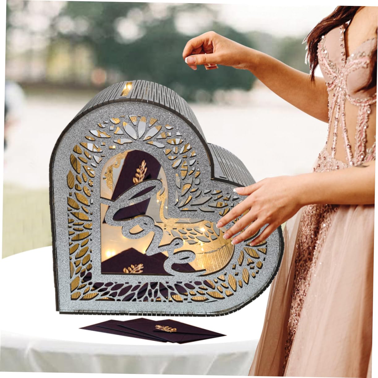 HEALLILY Wooden Heart-shaped Card Holder Box Elegant Wedding Card Container with Hollow Design for Collecting Greeting Anniversaries and Special Occasions