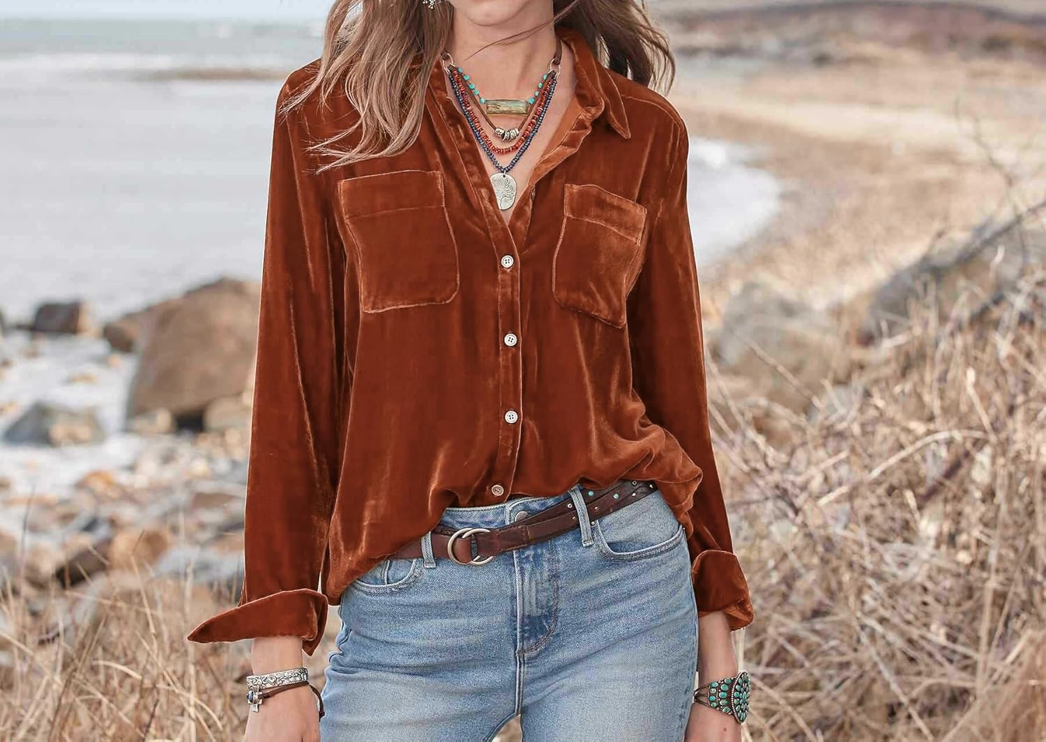 R.Vivimos Womens Winter Velvet Long Sleeve Button Down Casual Tops Shirts - Image 4