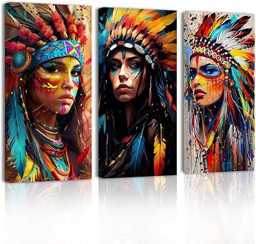 SWQYLB Native American Wall Art Decor 3 Pieces Indian Woman Feathered Headdress Picture Prints Abstract Colorful Indian Girl Painting Southwest Decor Framed White, 8.00" x 16.00" x 3PCS