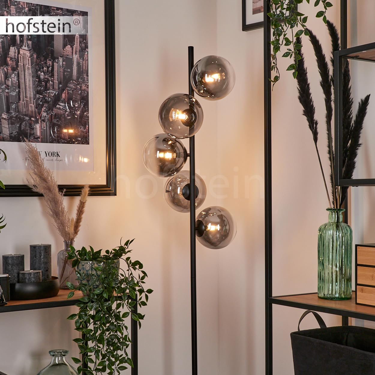 Stehleuchte Remaisnil, Stehlampe aus Metall/Glas in Schwarz/Rauchfarben/Klar, Standlampe im Retro/Vintage-Design mit Schirmen aus Glas (Ø 15 cm) u. Fußsschaler, Höhe 160 cm, 5 x G9, ohne Leuchtmittel