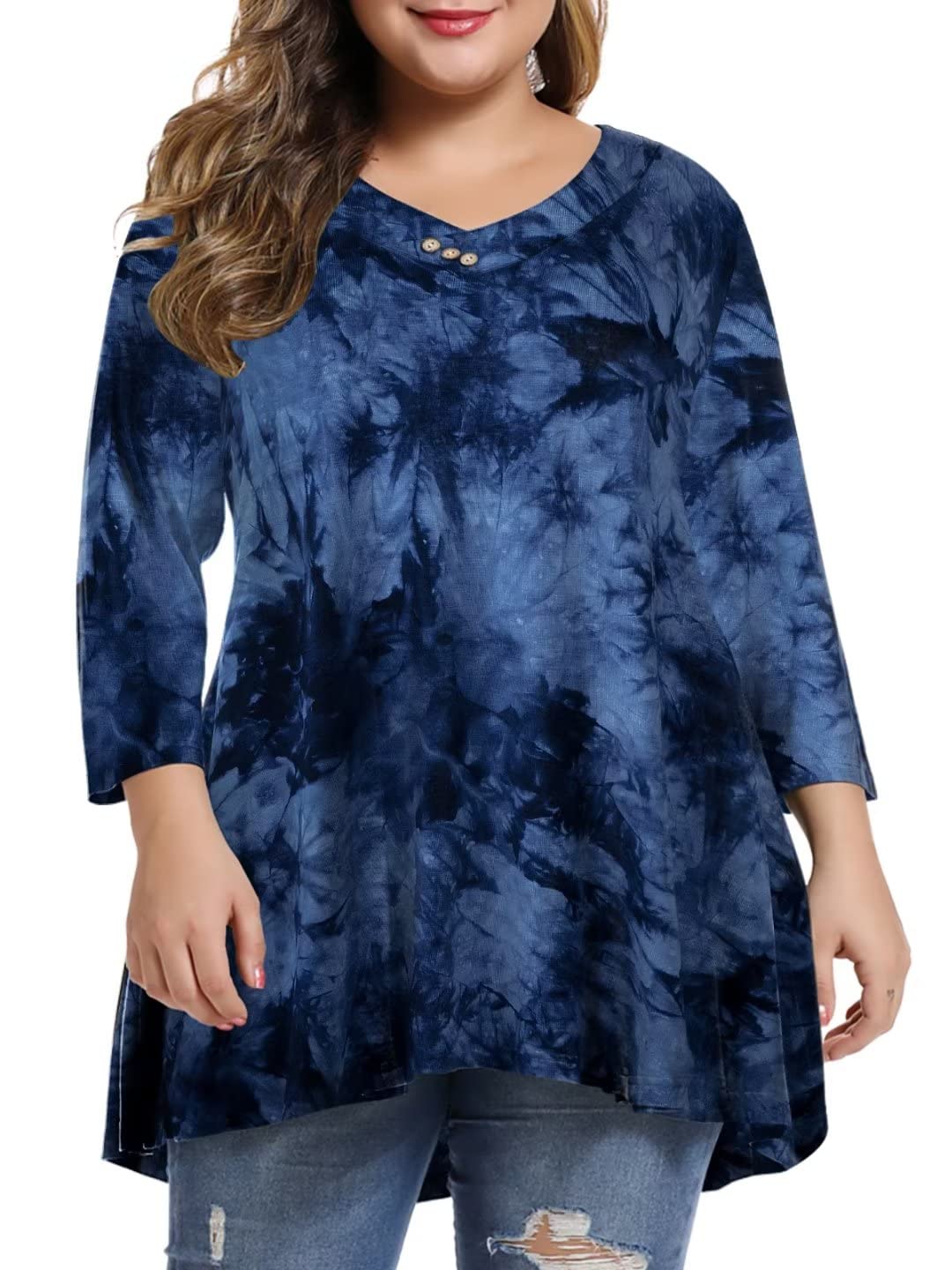 MONNURO Womens Plus Size 3 4 Sleeve V Neck Button Casual Loose Flowy Swing Tunic Tops Basic Tee