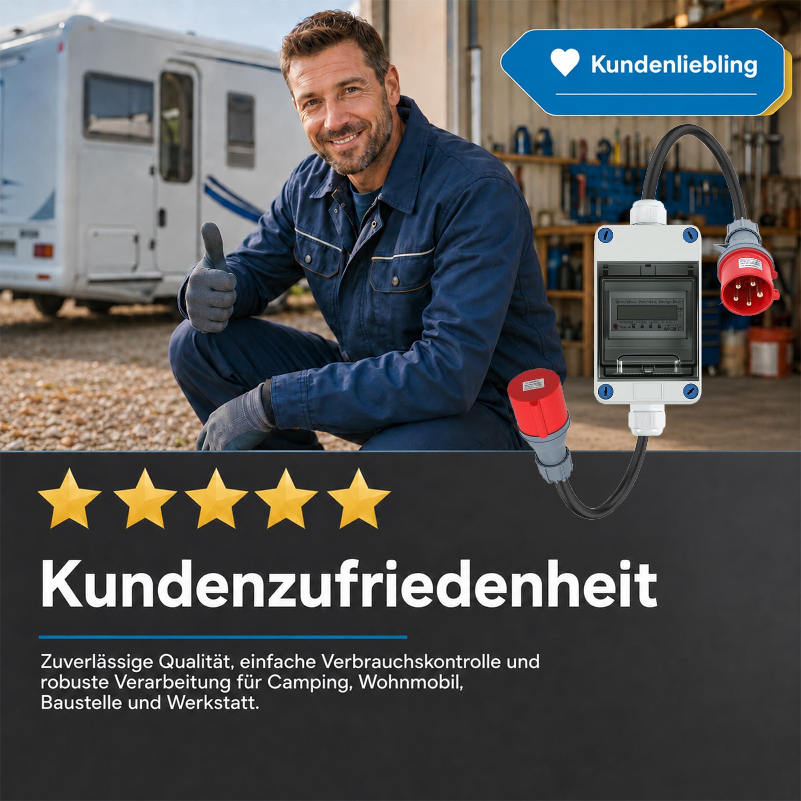 Angooni Digitaler Drehstromzähler 3 Phasen CEE 16A Mobiler Stromzähler MID | Energieverbrauch Stromverbrauch Messen Energie Monitor mit Display 2m Kabel IP68 für Camping Wohnmobil Baustelle