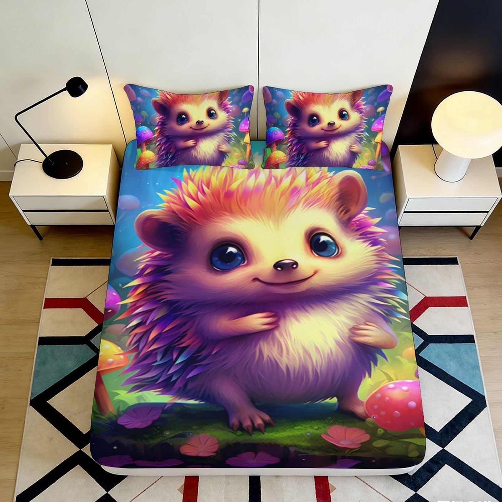 3D Printed Cute Hedgehog Fitted Sheet Microfiber Colorful Cartoon Mushroom Bed Cover for Bedroom Dorm Mattress Protection Decor 160x200x25cm
