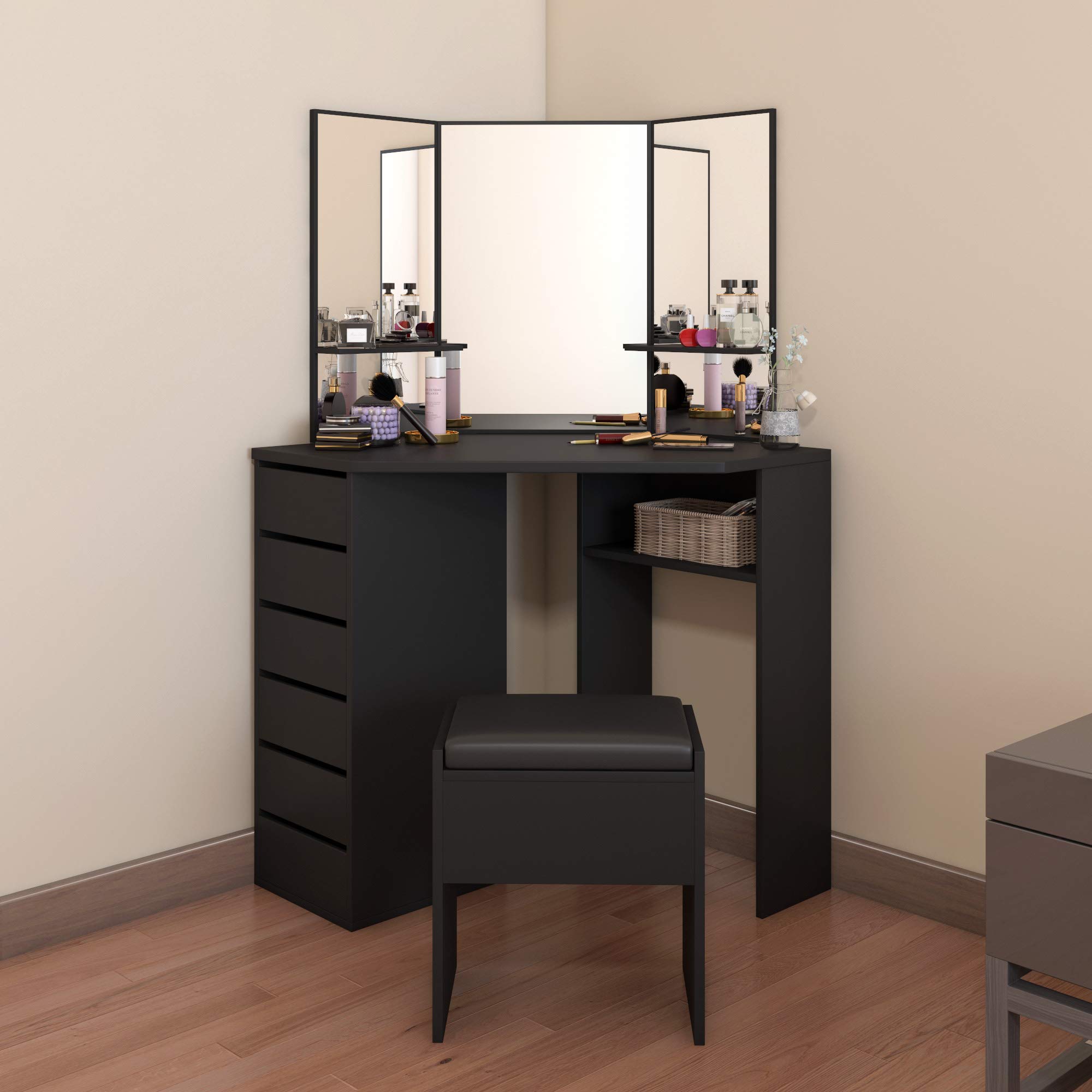 Panana Wooden Corner Dressing Table Modern Vanity Makeup Desk Vanity Console Dresser Table with Stool 3 Mirrors and 5 Storage Drawers Bedroom Furniture (Black)