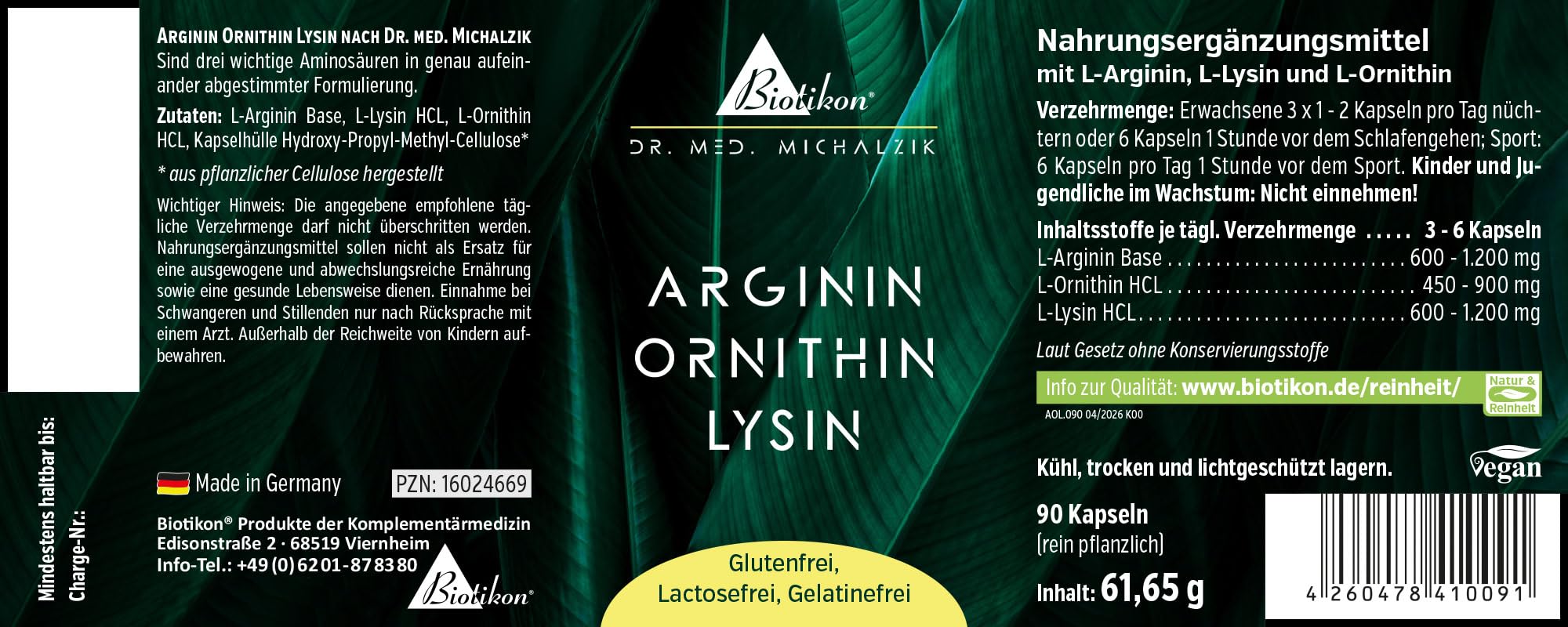 Arginin Ornithin Lysin nach Dr. Michalzik, 1200 mg L-Arginin, 180 Kapseln