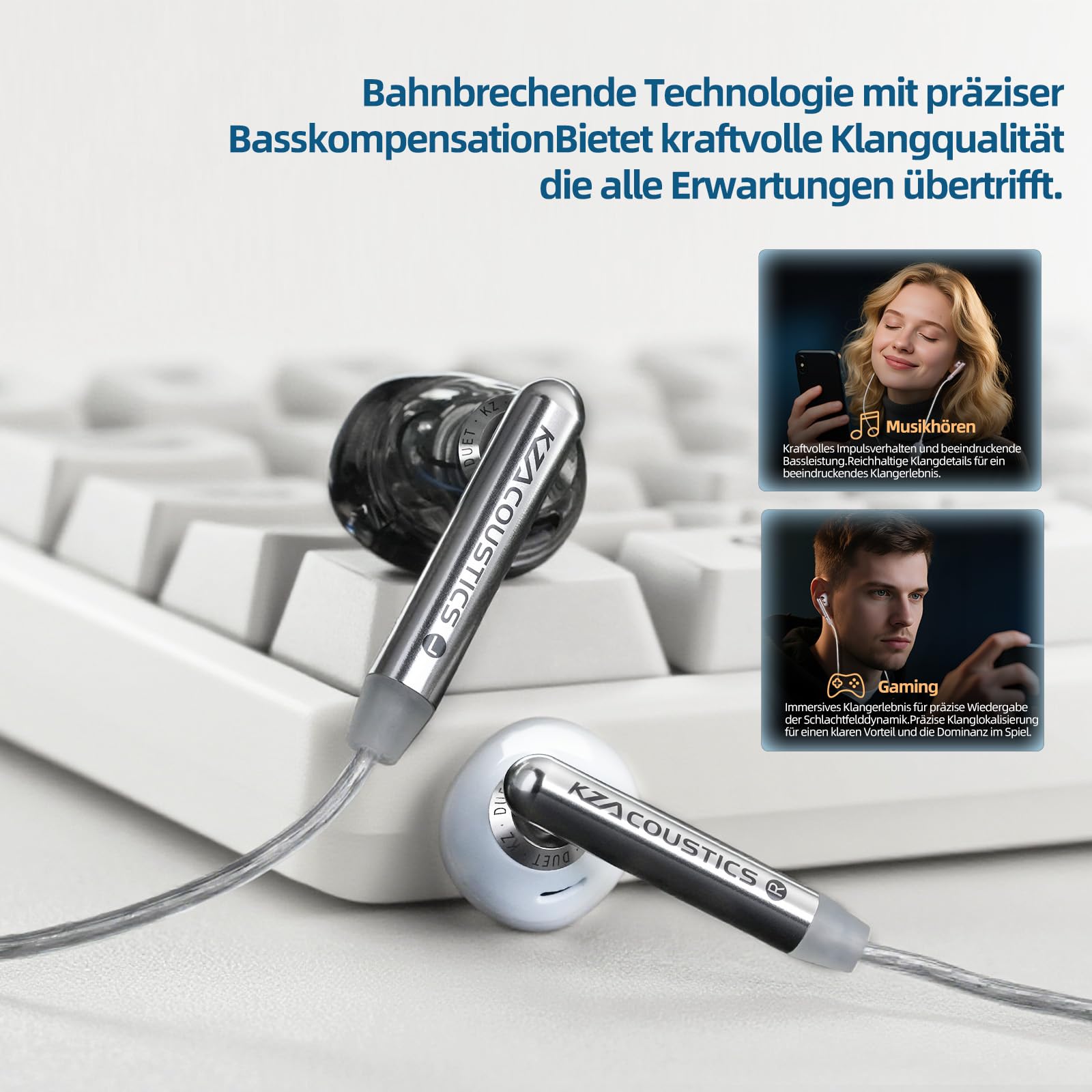 KZA COUSTICS KZ Duet - Auricolari in-ear, con doppio driver dinamico, per gaming, bassi HiFi, microfono con riduzione del rumore, cavo argentato, per PC, console, dispositivi mobili