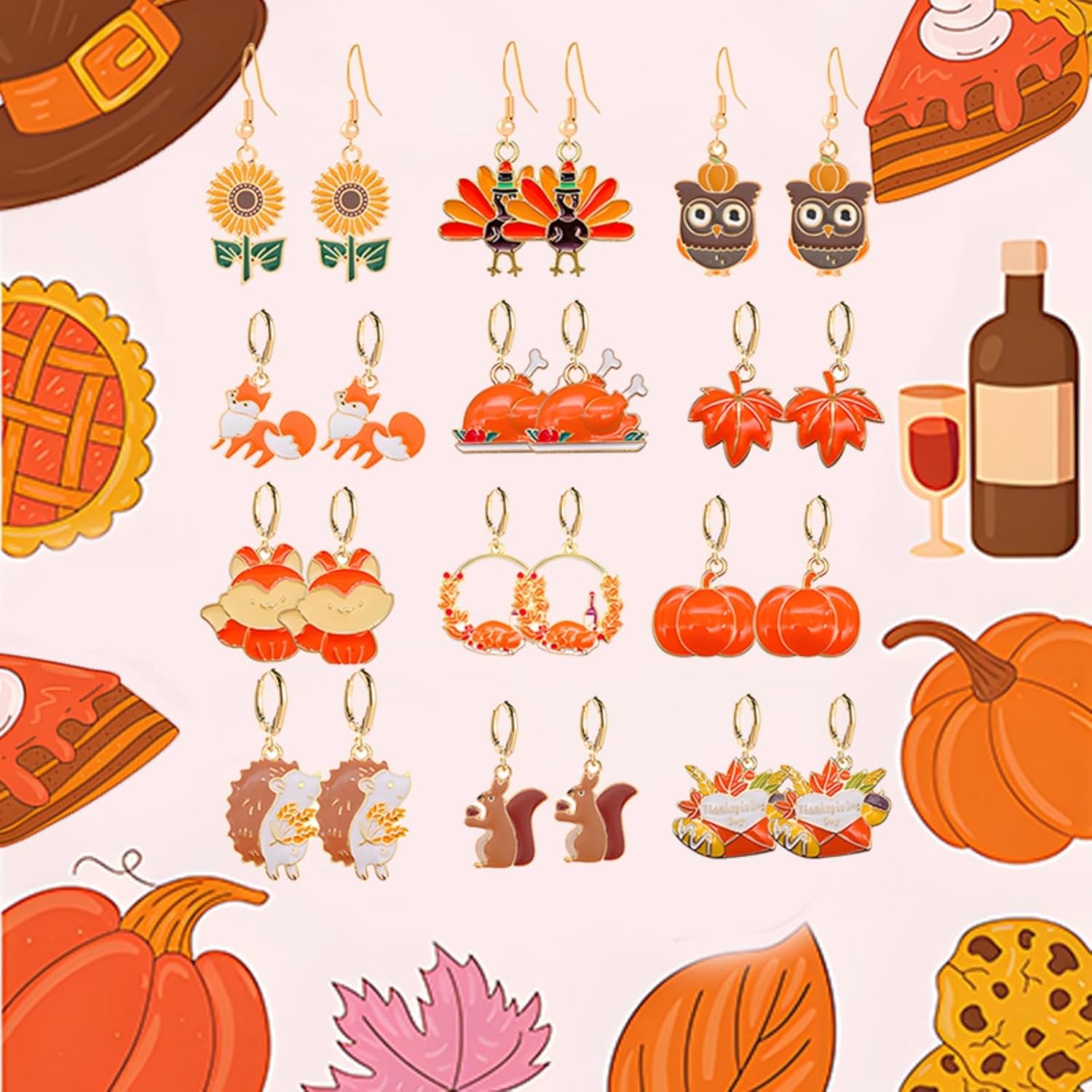 WCRAZYE 24 Pcs Thanksgiving Fall Earrings for Women Cute Pumpkin Sunflower Maple Leaf Candy Corn Squirrel Turkey Autumn Fall Earrings Thanksgiving Autumn Party Jewelry Gifts - Image 2