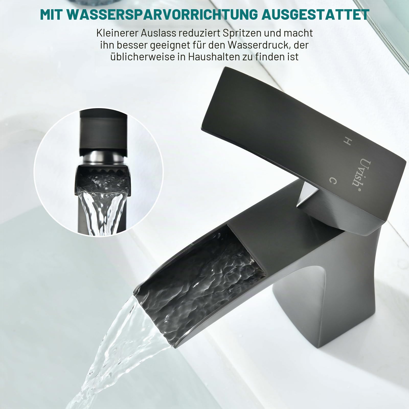 Waschtischarmaturen, Wasserfall-Armaturen für Waschbecken, quadratisch, modern, Garderobenarmatur, Edelstahl-Waschtischarmatur mit DE-Standardschläuchen (Gunmetal Gray)