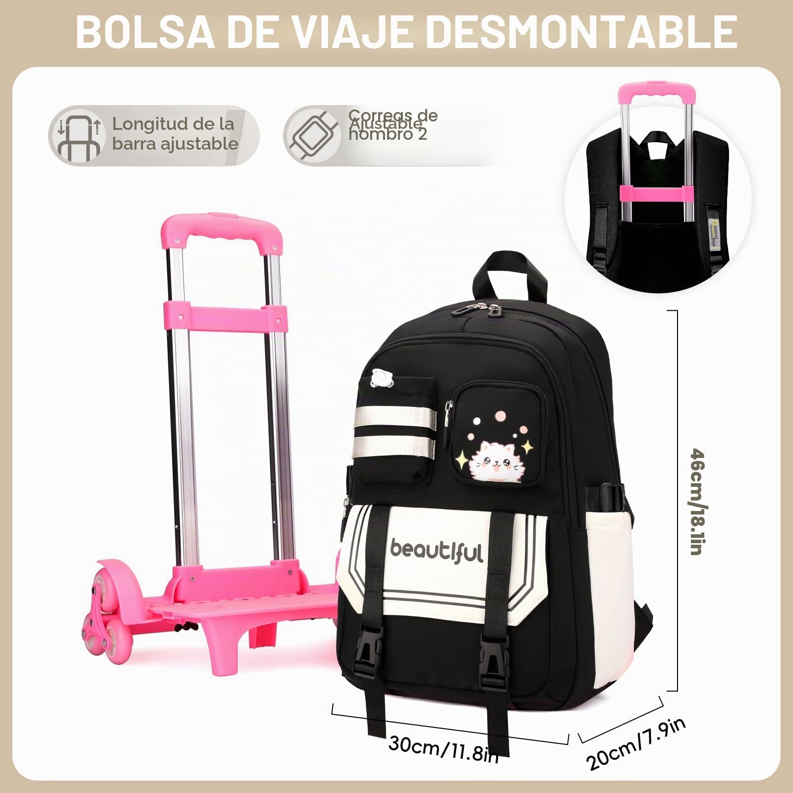 Amythe Mochila Escolar con 6 Ruedas para Niñas 9 a 16 años, Negro | 28L Mochila Colegio Chicas de Primaria y Secundaria, Vuelta al cole, Carro Mochilas de Viaje Casual para Adolescentes