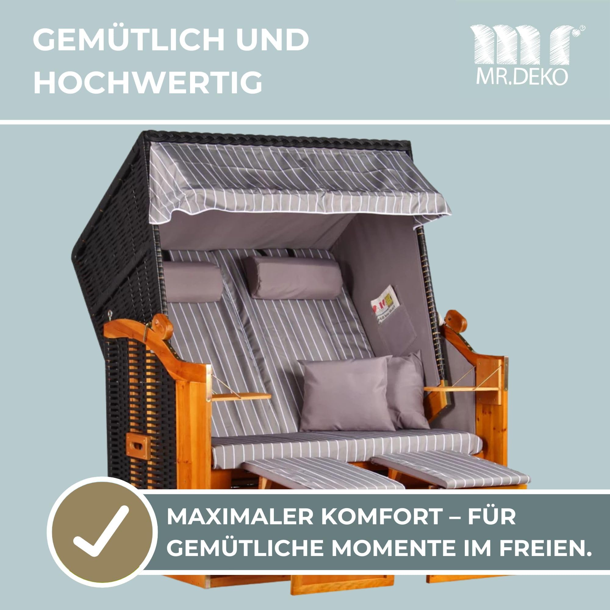 MR. DEKO Chaise de Plage en polyéthylène tressé avec 4 Coussins de Plage et 4 Coussins en Bois Dur et rotin synthétique pour Jardin, terrasse Motif Royal Gris.