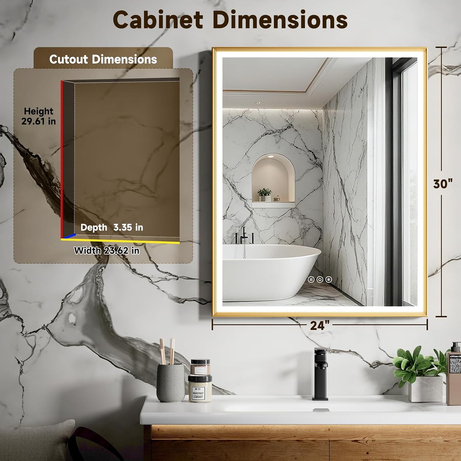 24x30 Inch Lighted Medicine Cabinet Gold Aluminum Frame 3-Color Dimmable LED Anti-Fog Mirror Surface & Recessed Mount for Bathroom Hotel Apartment Dressing Room Entryway