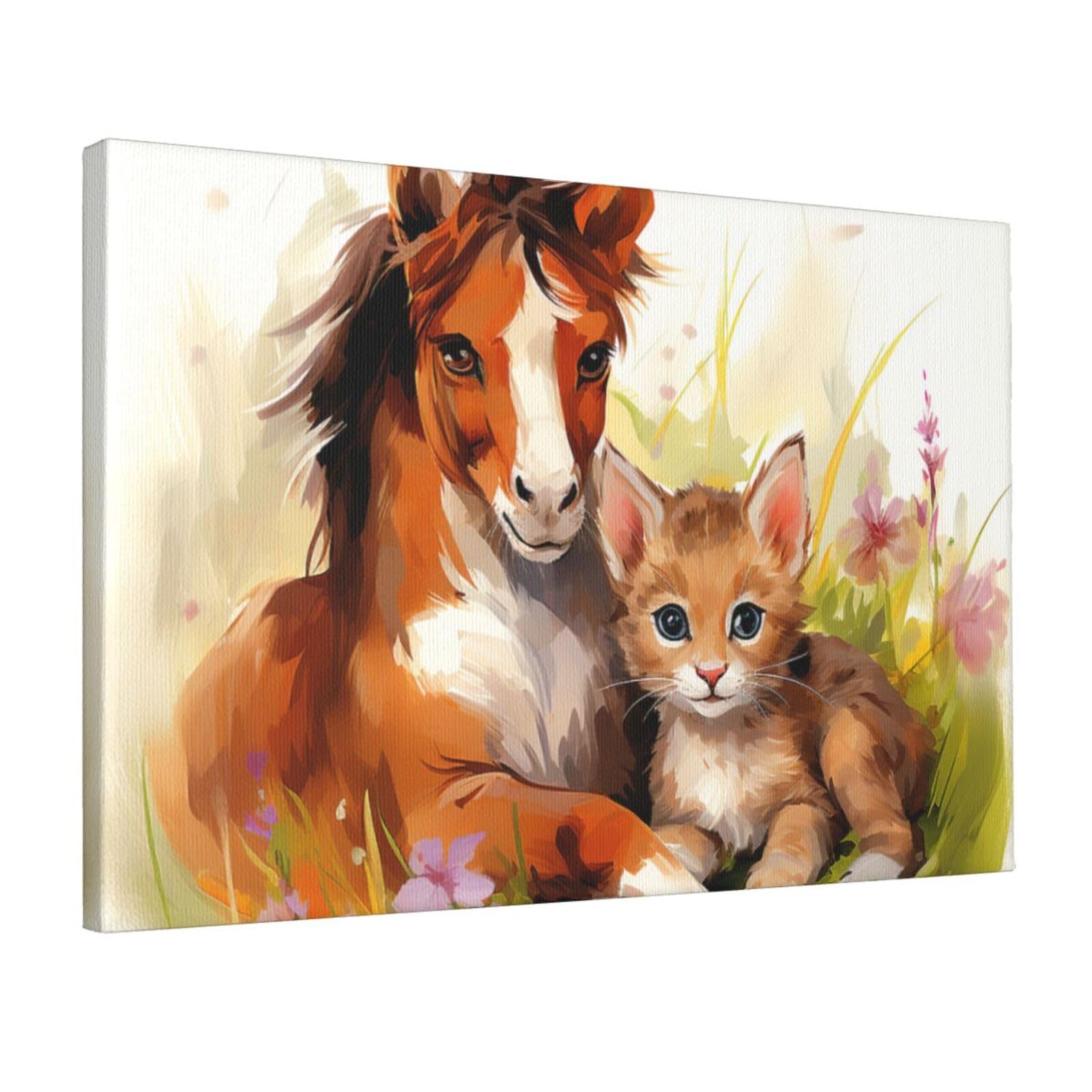Canvas Wall Art for Living Room Wall Decor 12"x18" Modern Artwork Painting Pictures Hanging Canvas Prints Cute Horse and Cat Aesthetic Wall Art for Bedroom Bathroom Office Wallart Decor
