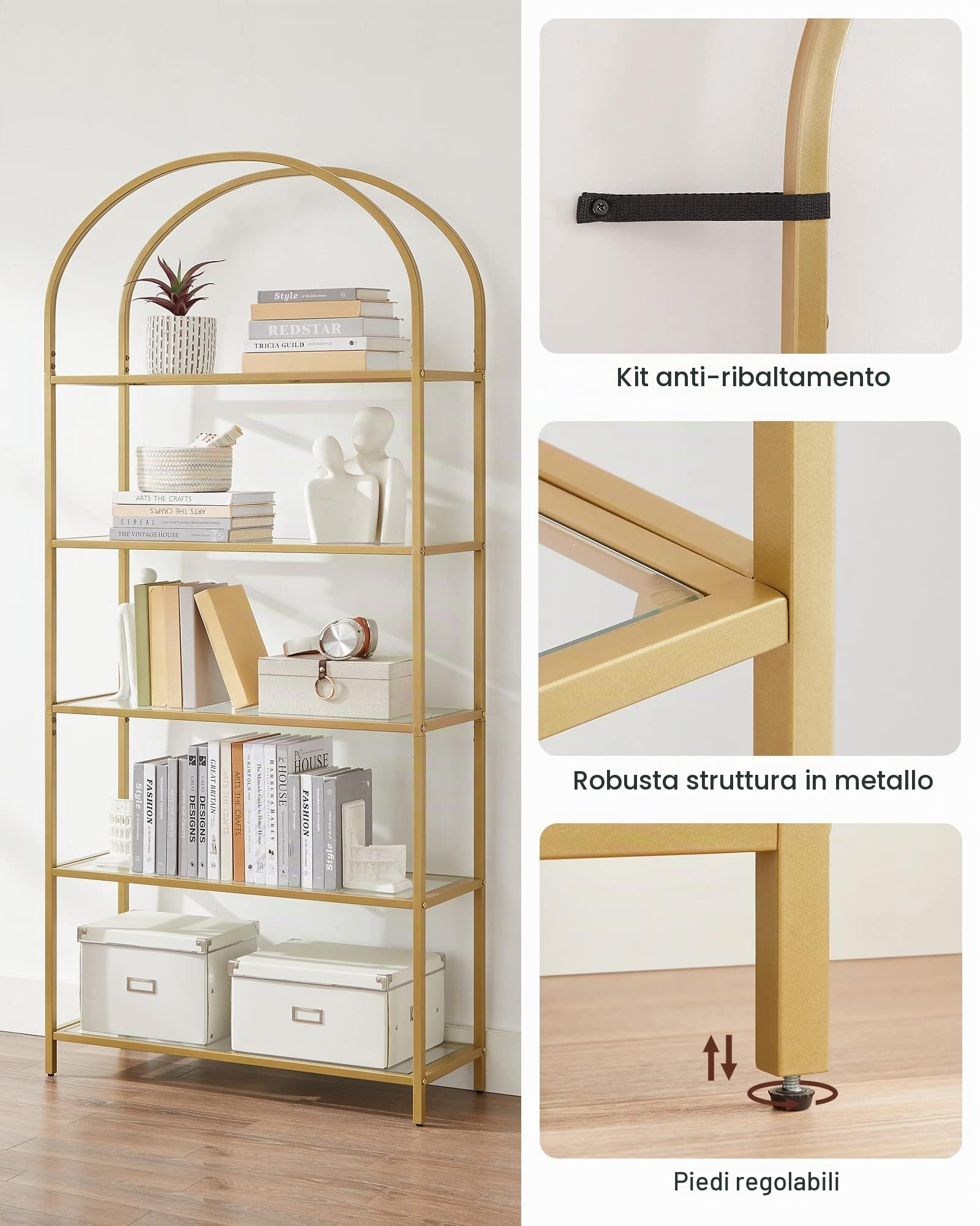 VASAGLE Scaffale Portaoggetti a 5 Ripiani, Libreria Scaffale in Vetro Temperato, Design ad Arco, Struttura in Metallo, per Soggiorno Camera da Letto Studio Bagno, Dorato e Trasparente LGT050A01